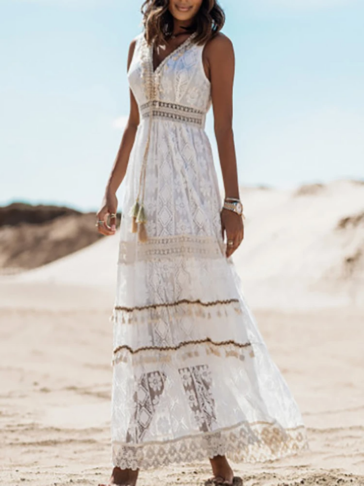 Lima - White Crochet Lace Boho Maxi Dress with Deep V-Neck