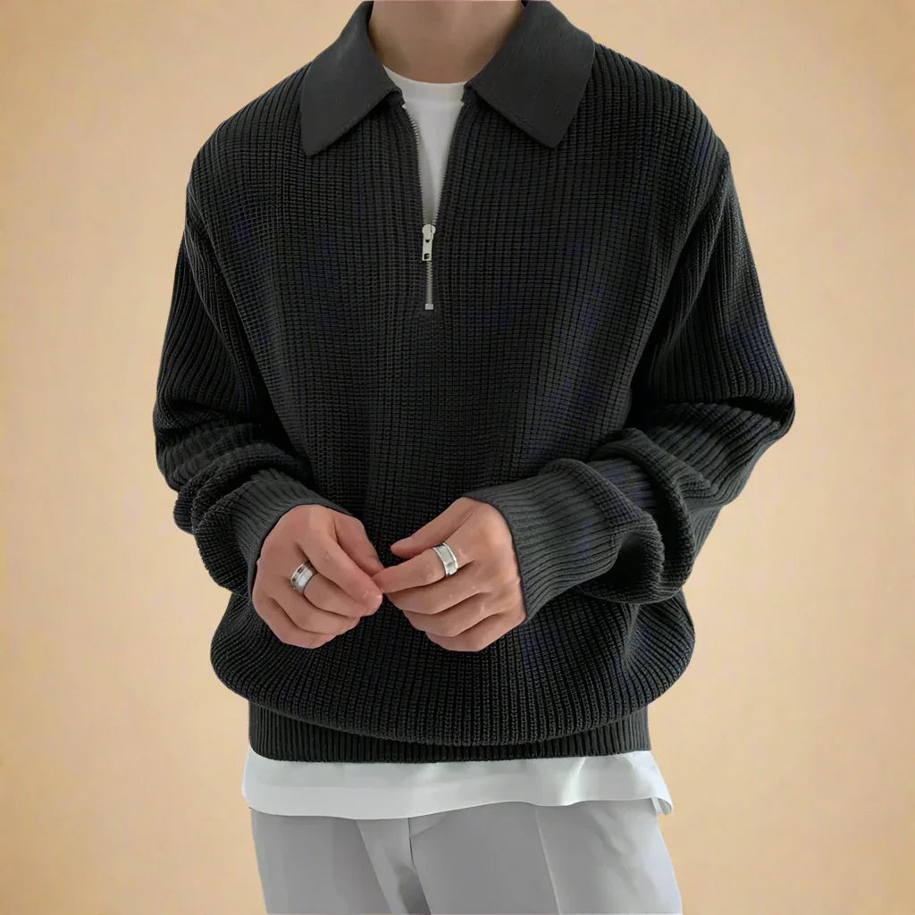 Half Zip Sweater - Men's Oversized Cable Knit Polo