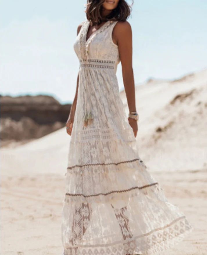 Lima - White Crochet Lace Boho Maxi Dress with Deep V-Neck