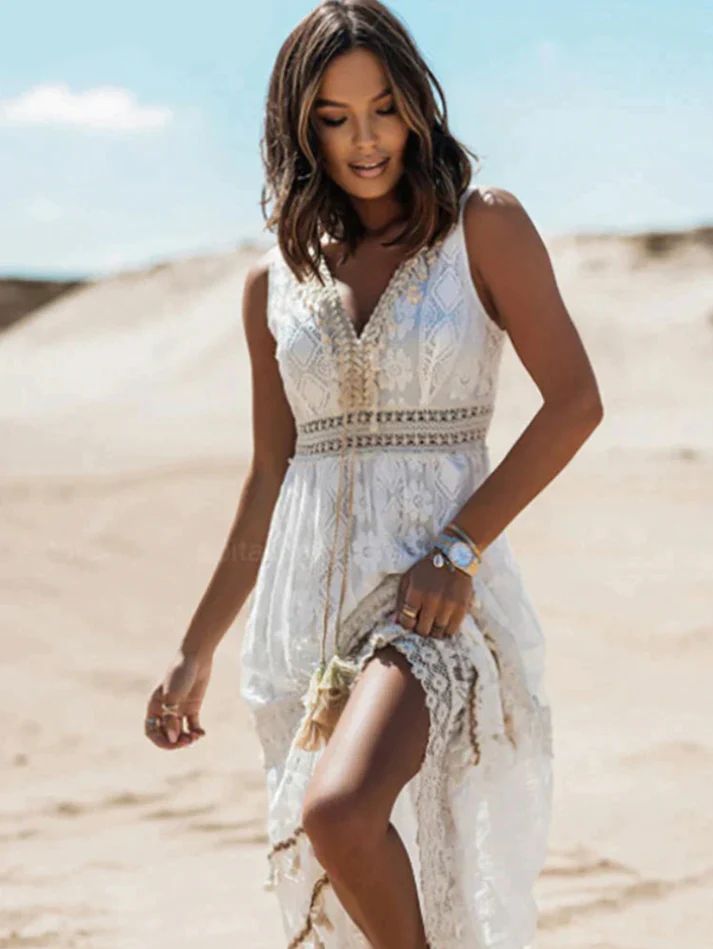 Lima - White Crochet Lace Boho Maxi Dress with Deep V-Neck