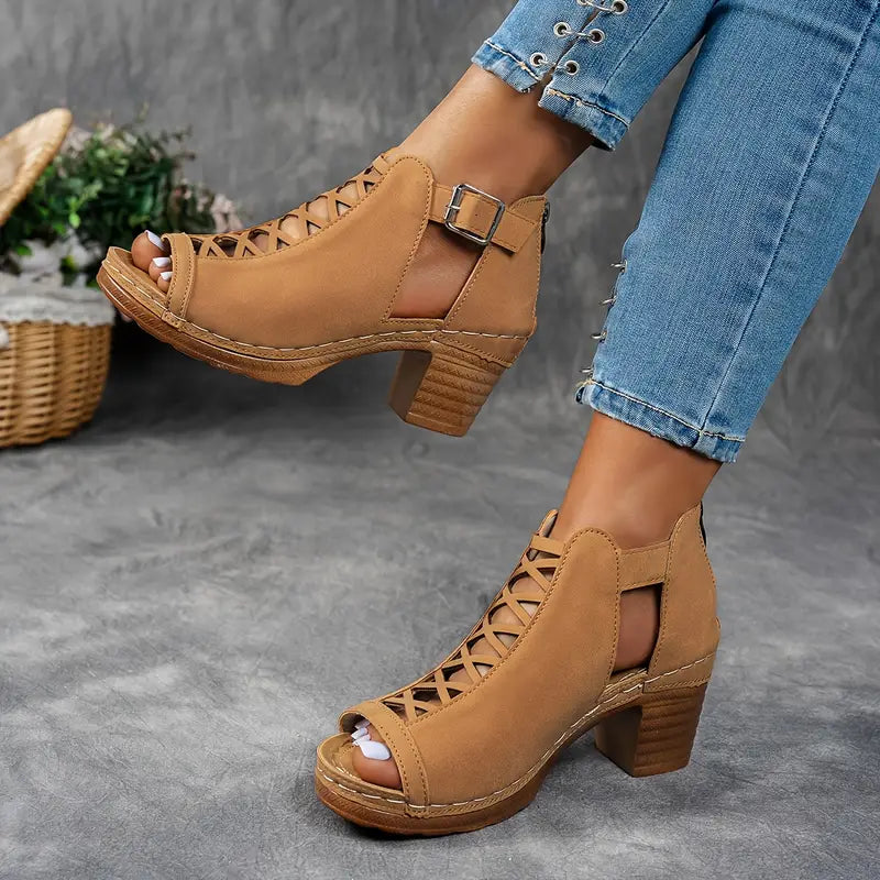 Chloe - Peep Toe Ankle Boots with Block Heel