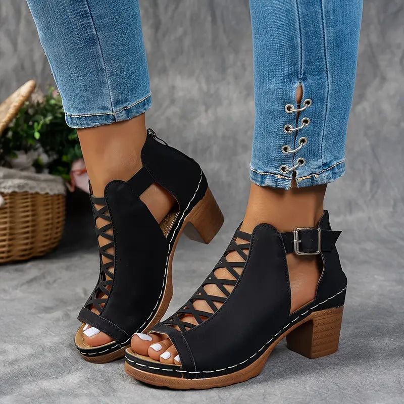 Chloe - Peep Toe Ankle Boots with Block Heel