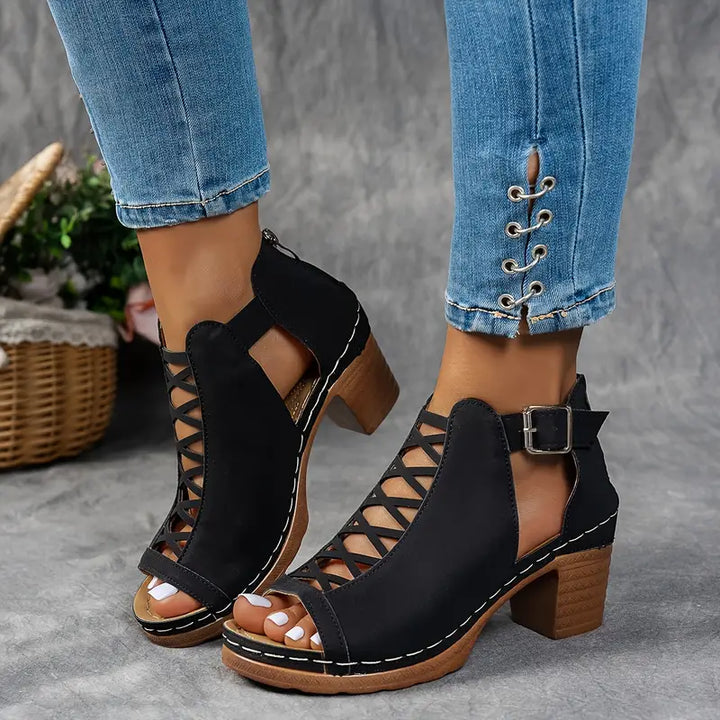Chloe - Peep Toe Ankle Boots with Block Heel