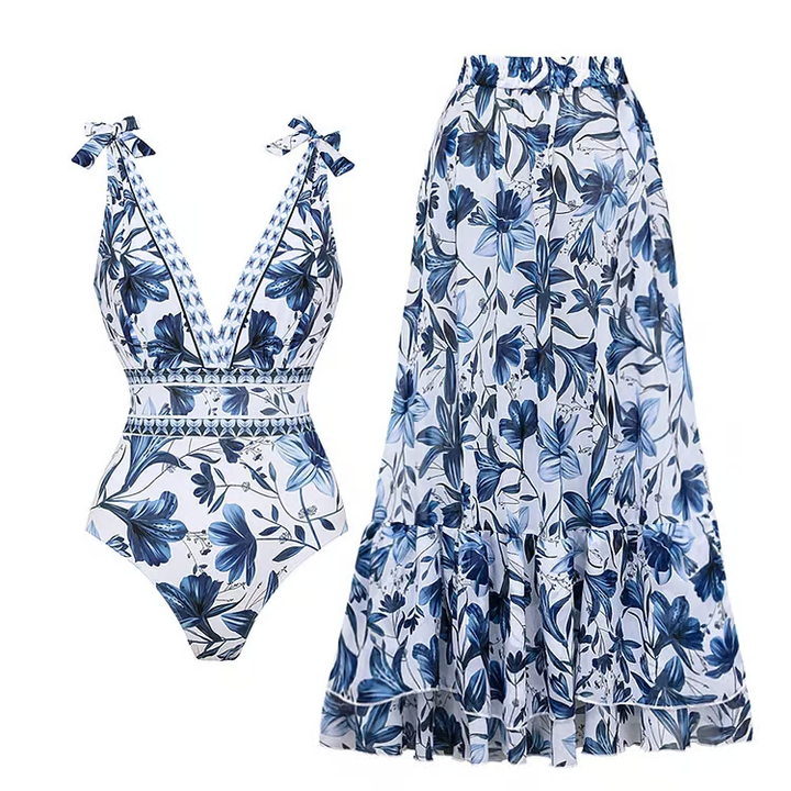 Beach Two-Piece for Women – Elegant Retro Swimsuit with Skirt Set