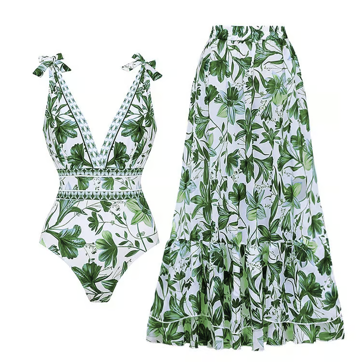 Beach Two-Piece for Women – Elegant Retro Swimsuit with Skirt Set